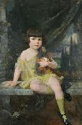 Douglas Volk Young Girl in Yellow Dress Holding her Doll, oil
